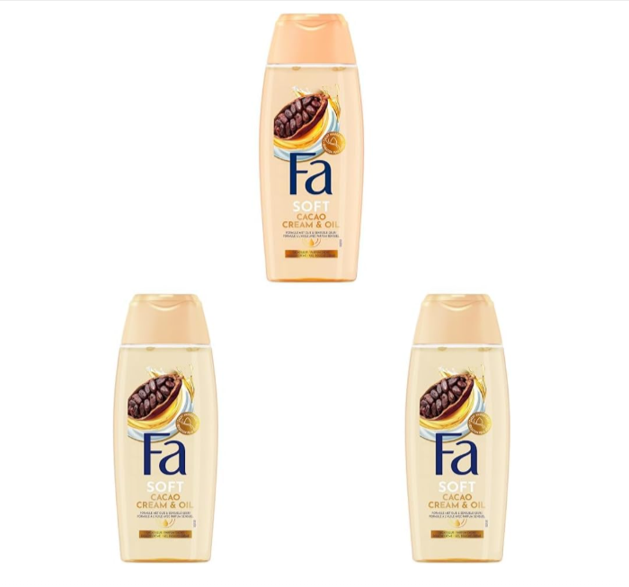 Lot de 3 gels douche Fa Cream & Oil 250 ml, huile de coco et parfum beurre de cacao, gel douche pH neutre testé dermatologiquement, formule végane, bon plan Amazon.