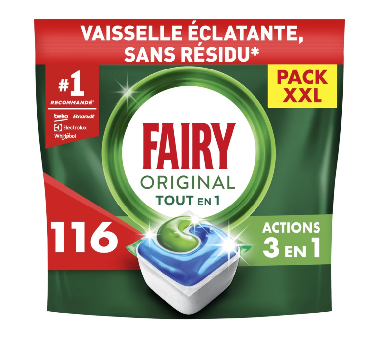  Fairy Original All-in-One, 116 capsules lave-vaisselle, dégraisse la graisse incrustée, action sel et rinçage, protection verre, promo Amazon 13,95€