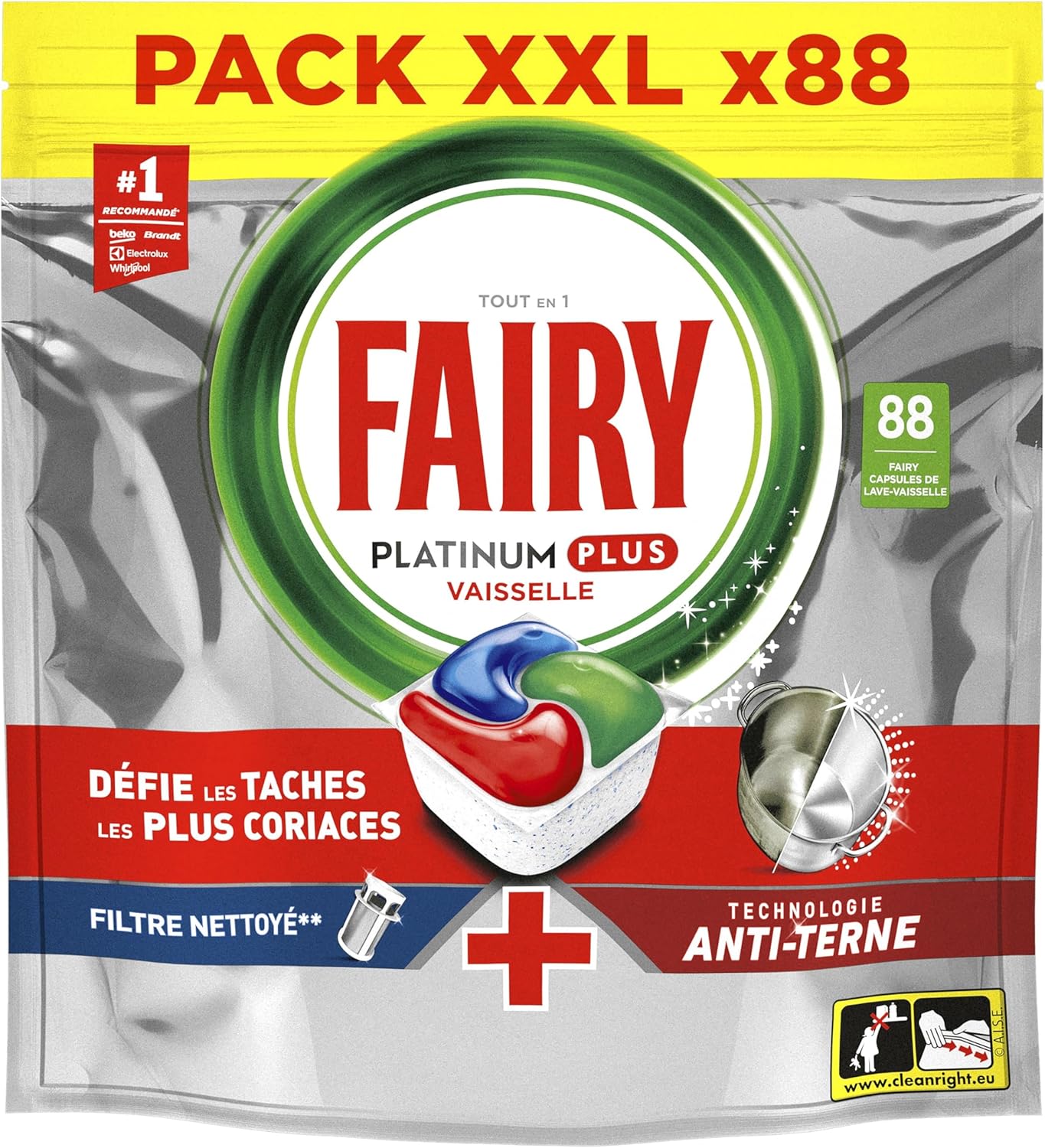 Fairy Platinum Plus 88 capsules, technologie anti-terne, All-in-One, vaisselle brillante, efficace en cycle court, promo Amazon 13,95€.
