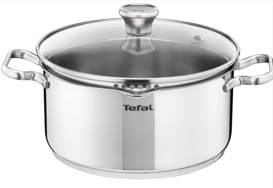Faitout Tefal Primary 24 cm (5L) avec couvercle en verre et base induction, en acier inoxydable, pour une cuisson parfaite et une garantie de 10 ans.