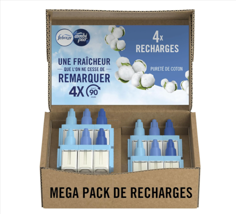 Febreze 3Volution méga pack 4 recharges 20 ml Pureté de Coton, alternance de 3 parfums, combat les odeurs en continu, jusqu’à 90 jours, offre Amazon à 10,86€ avec note 4,7/5 et 3 741 avis.