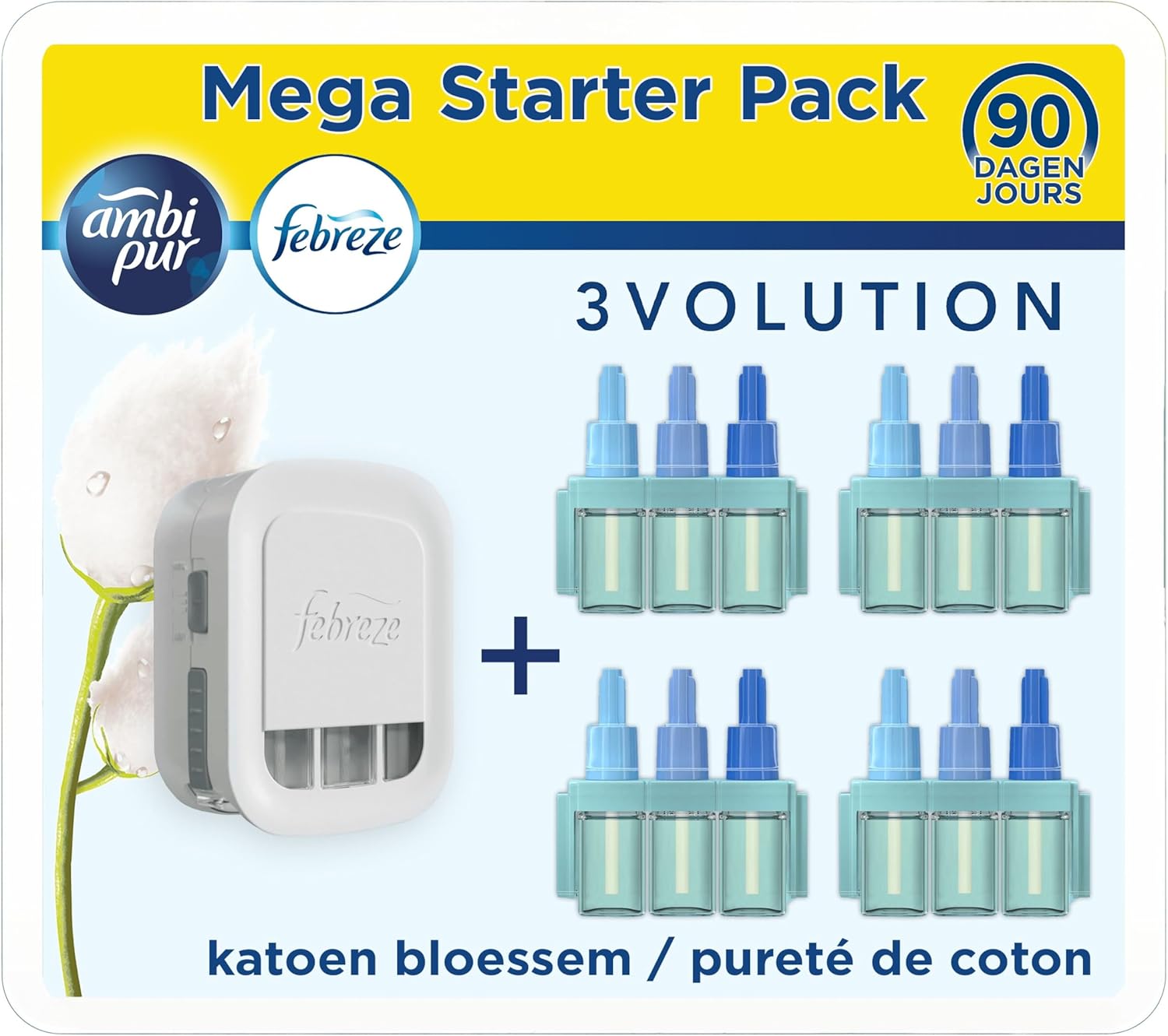 Kit Febreze 3Volution Pureté de Coton – Diffuseur électrique + 4 recharges, désodorisant maison, 1 an de fraîcheur.