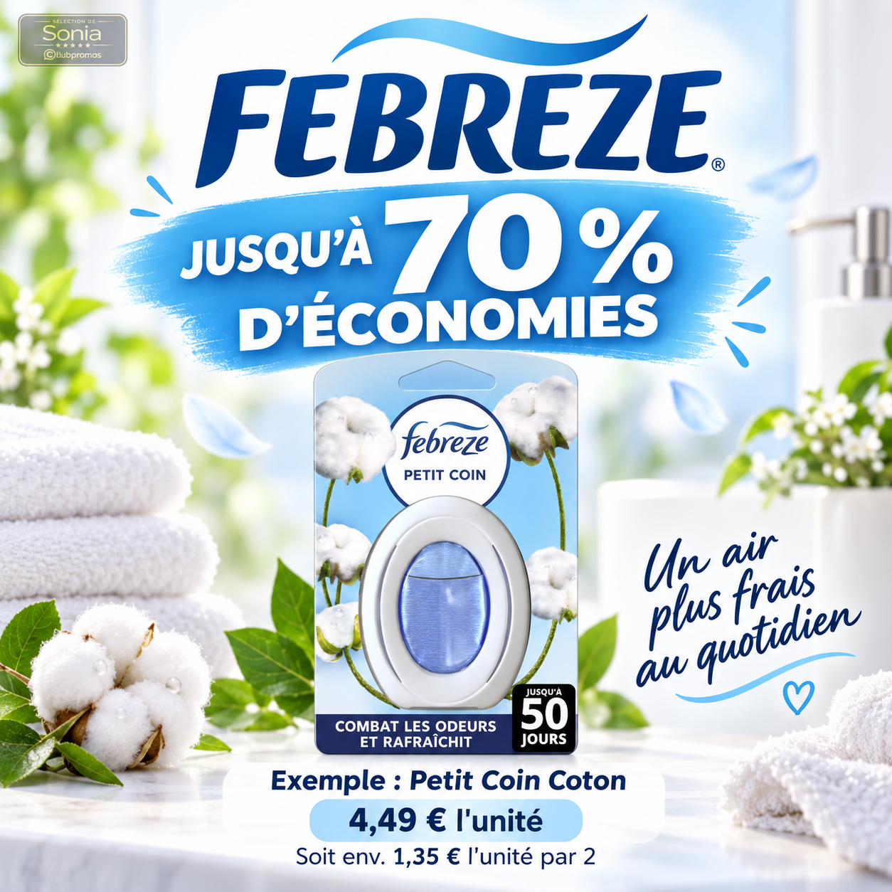 Deux Febreze Petit Coin Coton à environ 2,69 € au lieu de 8,98 € chez Carrefour avec jusqu’à 70 % d’économies
