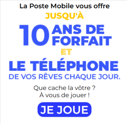 Interface du jeu concours La Poste Mobile offrant 2 mois de forfait gratuit avec écran de victure et code promo