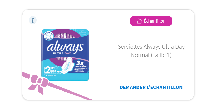  Formulaire en ligne pour demander gratuitement un échantillon des serviettes Always Ultra Day Normal Taille 1, disponible sur Envie de Plus