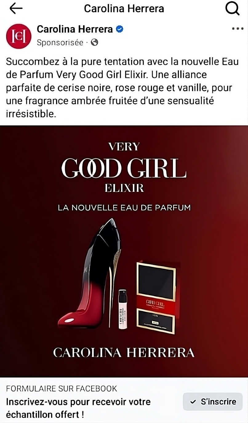 formulaire Échantillon gratuit du parfum Good Girl Elixir de Carolina Herrera sur Facebook inscrivez-vous