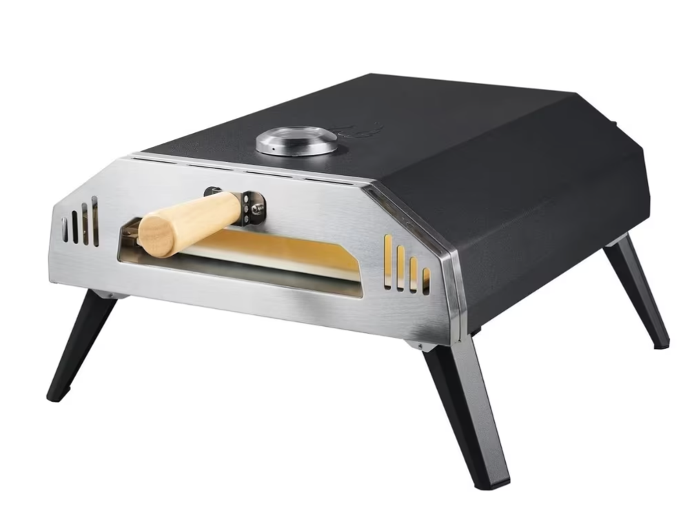 Four à pizza à gaz Grillmeister Milano avec pierre en cordiérite amovible, thermomètre intégré, boîtier à double paroi et pieds rabattables, capable d’atteindre 400°C en 15 minutes pour pizzas croustillantes et cuisson professionnelle.