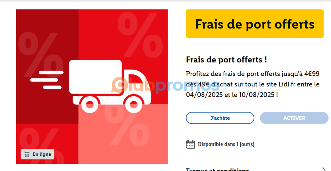Frais de port offerts sur Lidl.fr dès 49€ d'achat entre le 04/08/2025 et le 10/08/2025, livraison gratuite en activant le coupon.