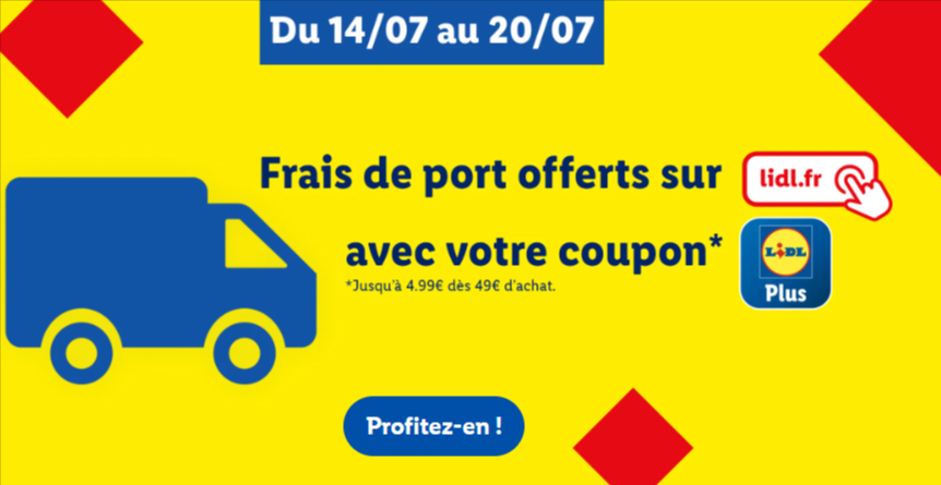 Profitez de la livraison gratuite chez Lidl du 14 au 20 juillet pour toute commande supérieure à 49,99€, avec des frais de port offerts jusqu'à 4,99€. Découvrez nos offres exceptionnelles en ligne et en magasin, et économisez sur vos achats de produits qualité à prix réduits.