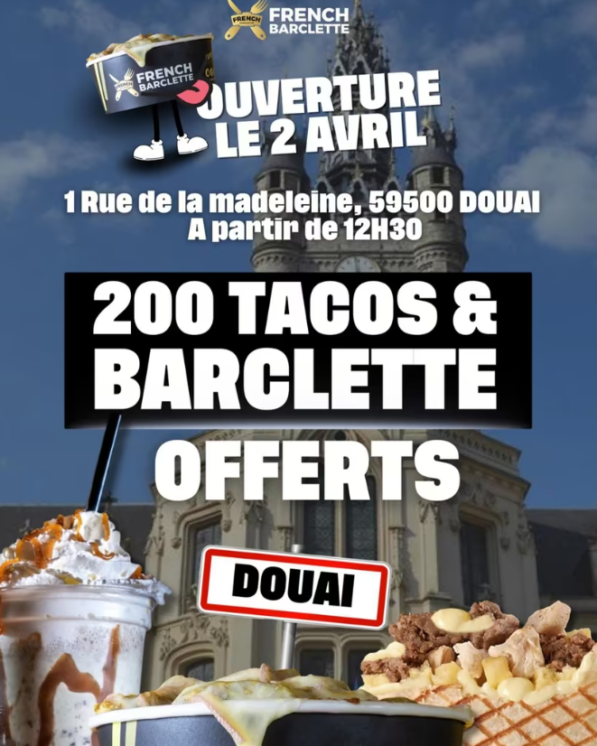 Une assiette gourmande avec un taco et une barclette généreusement garnis, fondant de fromage, accompagnée d’une ambiance festive. Visuel promotionnel pour l’événement d’ouverture de Frenchbarclette à Douai le 2 avril 2025, où 200 tacos et barclettes seront offerts aux premiers arrivés.