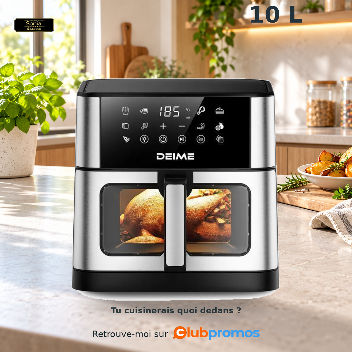 Friteuse sans huile Air Fryer XXL de 10 litres et 1 800 W avec 10 programmes et écran tactile LED, proposée à 56,96 € chez Cdiscount.