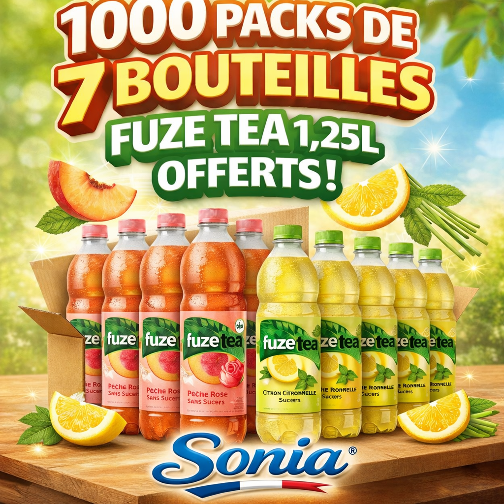 Bon plan Fuze Tea avec 7 bouteilles de 1,25L offertes via TRND, candidature gratuite pour tester les nouvelles saveurs pêche rose sans sucres et citron citronnelle