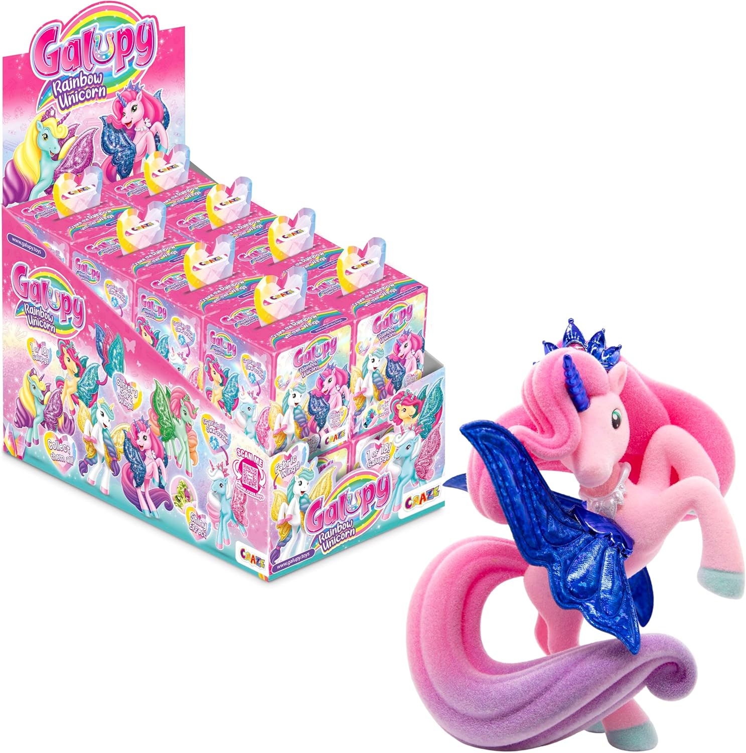Présentoir complet GALUPY Rainbow Unicorn avec 16 figurines licorne à collectionner, ailes scintillantes, corne métallisée, couronne avec cristal Swarovski et univers Cristallopia