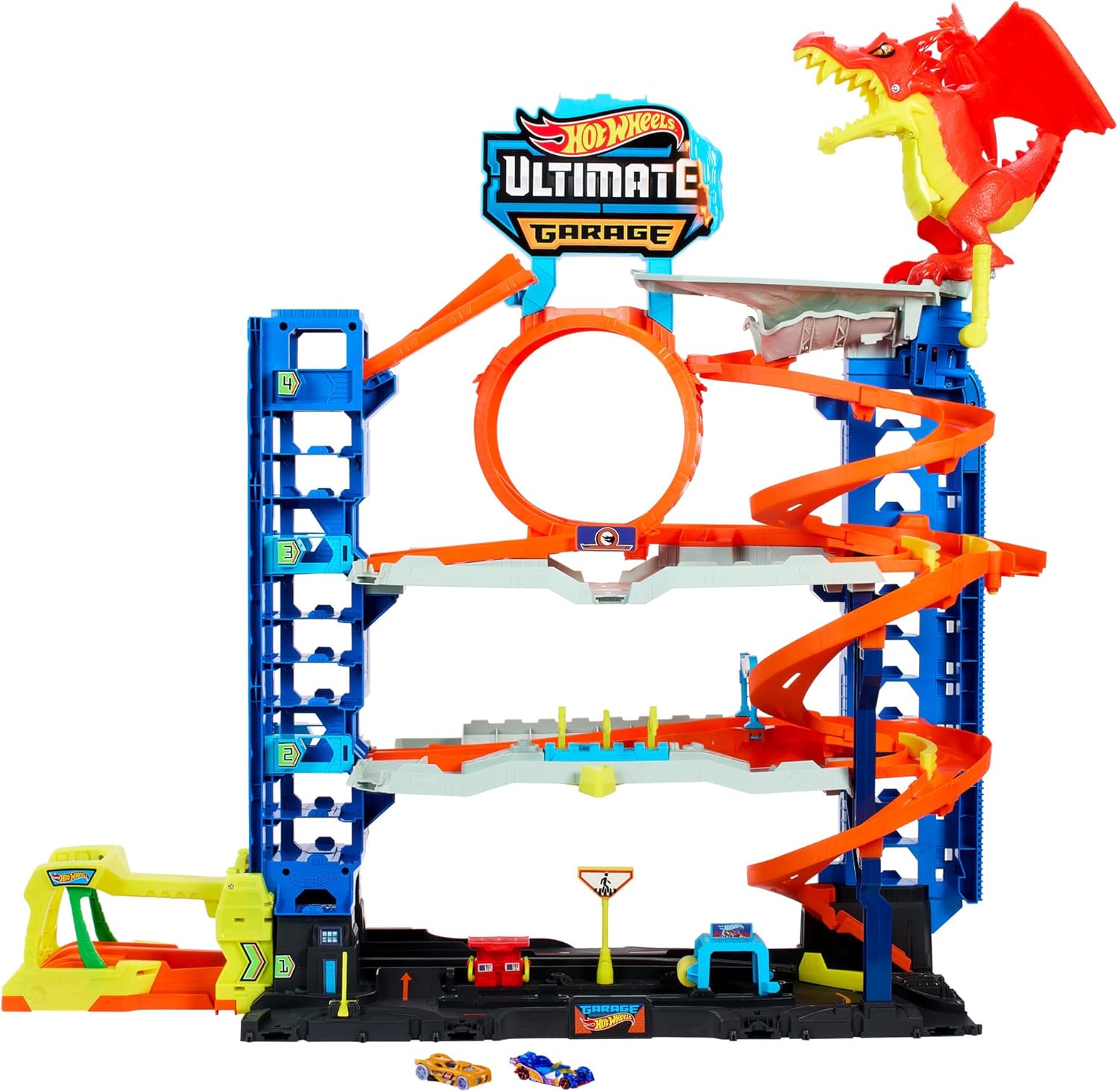 Garage Hot Wheels City Ultime avec dragon mangeur de voitures, 4 niveaux de jeu, cascade et course pour enfants