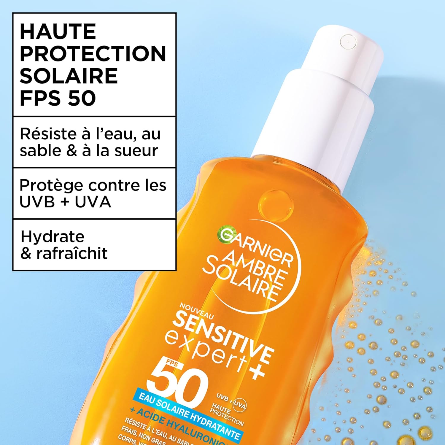 Garnier Ambre Solaire Eau Biphase UV Sensitive Expert+ SPF50 150 ml, protection solaire visage corps et cheveux, formule légère invisible non grasse avec acide hyaluronique, vitamine E, aloe vera et filtres UVA UVB, bon plan Amazon à 7,16€ au lieu de 12,85€.