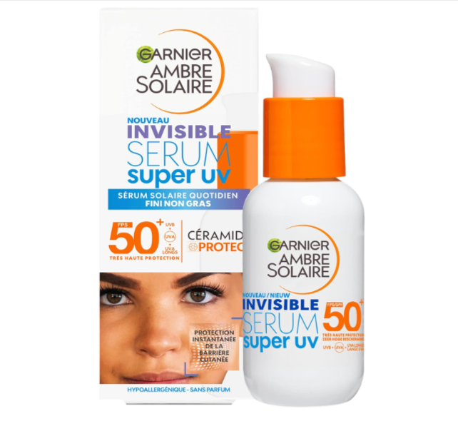 Garnier Ambre Solaire Super UV sérum solaire visage invisible SPF50+ tous types peaux 30 ml à 6,32€ au lieu de 10,54€ sur Amazon