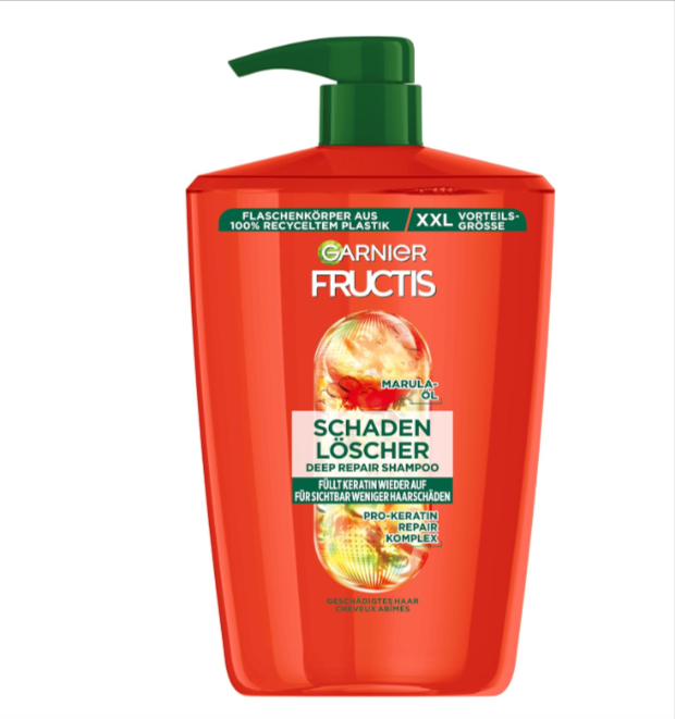 Flacon de shampooing Garnier Fructis 1000 ml pour cheveux abîmés, riche en huile d’amla et protéines kératiques, soin intensif pour cheveux forts et brillants, Amazon France.