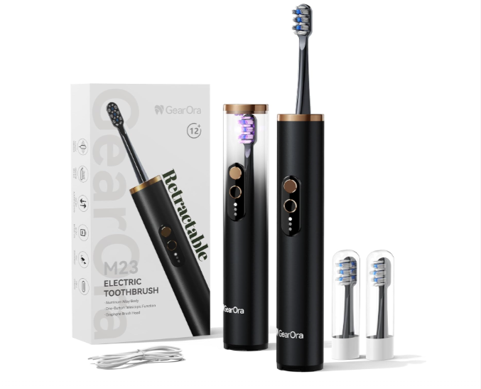 GearOra M23 Brosse à Dents Électrique de Voyage, rétractable avec stérilisateur UV-C & UV-A, 3 modes soniques, autonomie 30 jours, aluminium, IPX7, USB-C, ultra-léger 130 g, couleur noir + 4 coloris, prix 8,99€ sur Amazon.
