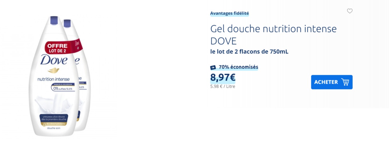 Gel douche nutrition intense DOVE   le lot de 2 flacons de 750mL à Prix Carrefour.jpg