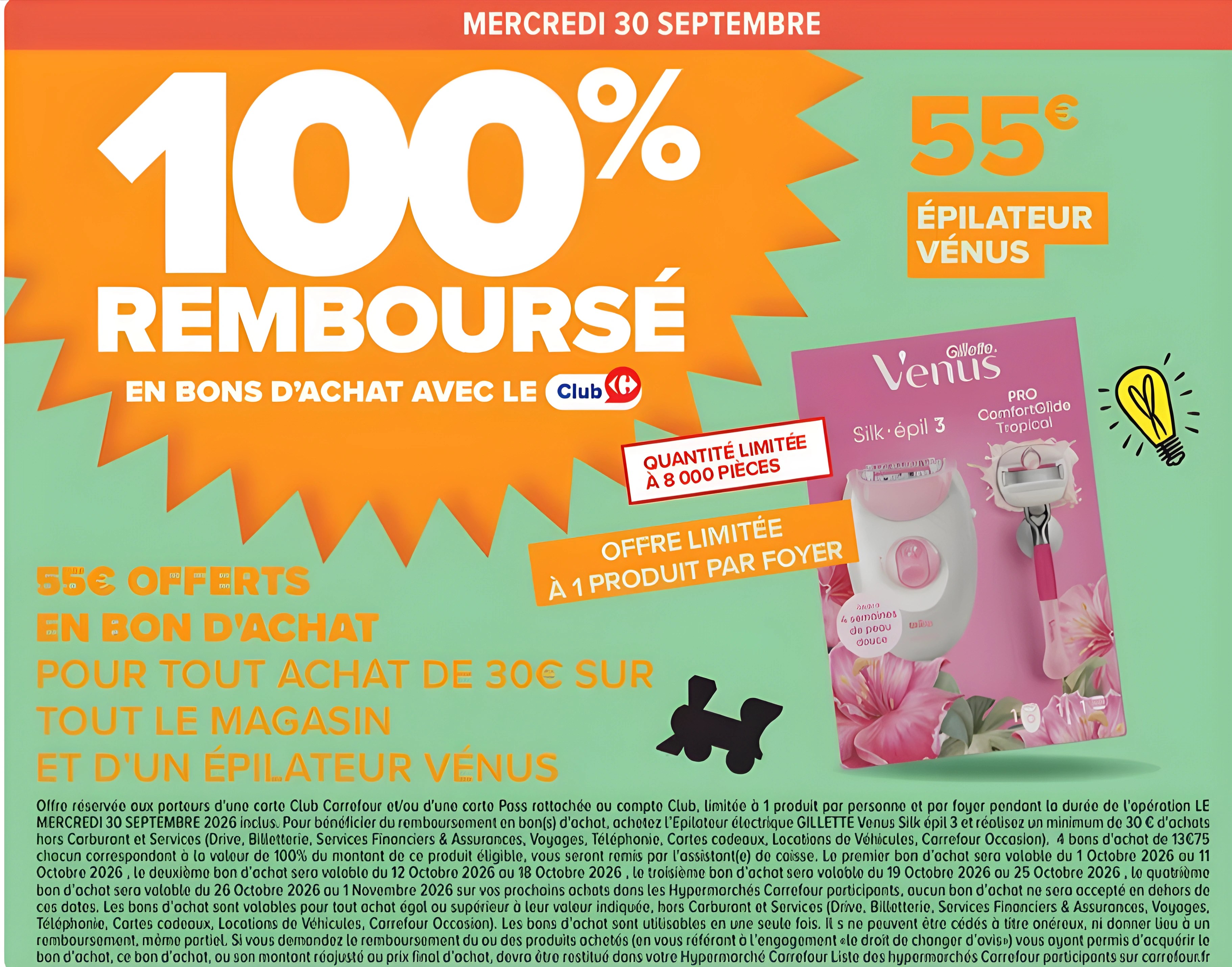 Épilateur Gillette Venus Silk-épil 3 100 pour cent remboursé en bons d’achat chez Carrefour le 30 septembre 2026