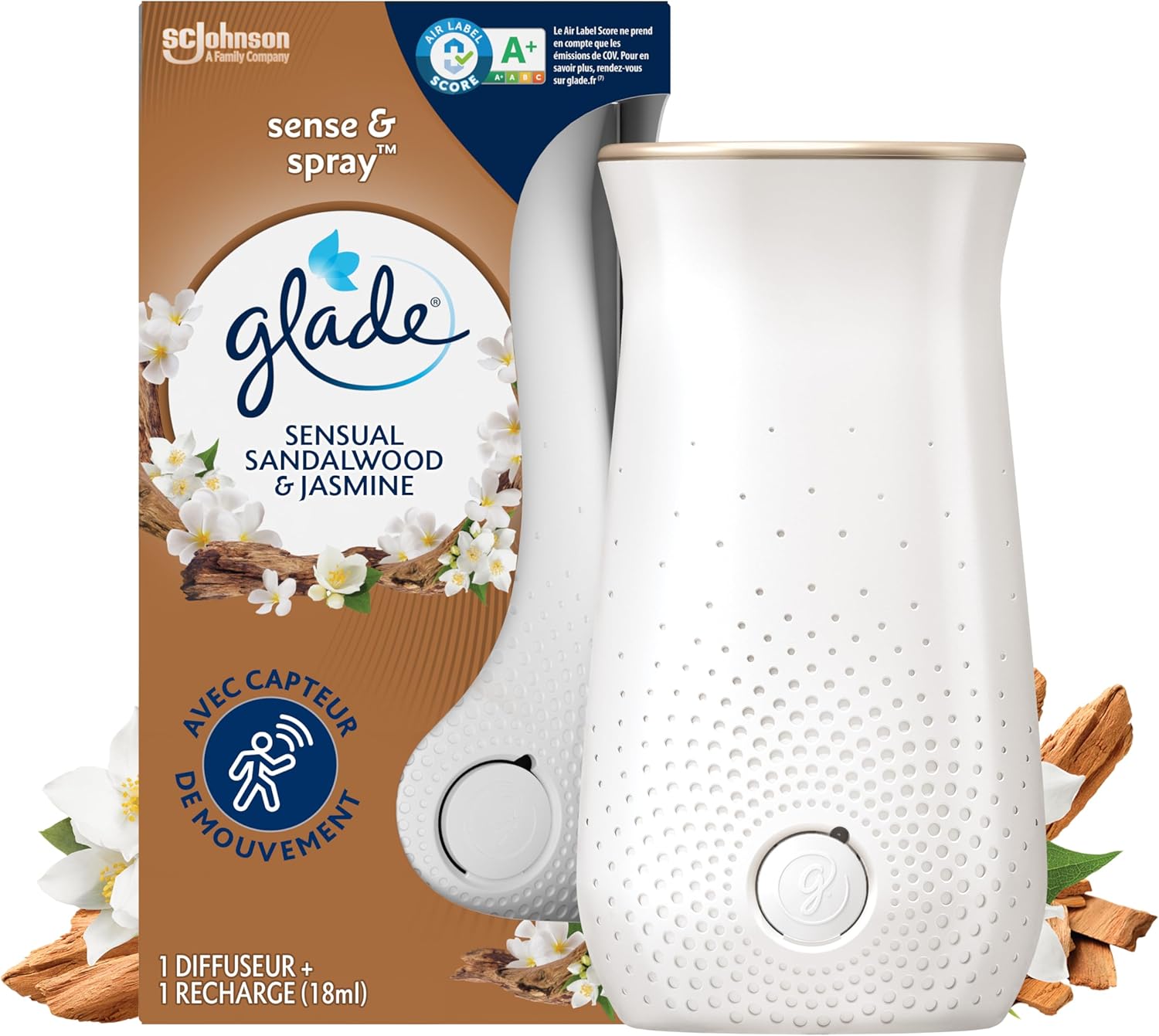 Diffuseur Glade Sense & Spray à détection de mouvement, bouton Boost, parfum Sensual Sandalwood & Jasmine infusé aux huiles essentielles, kit 1 diffuseur + 1 recharge 18 ml, sans phtalates, parabènes, formaldéhydes