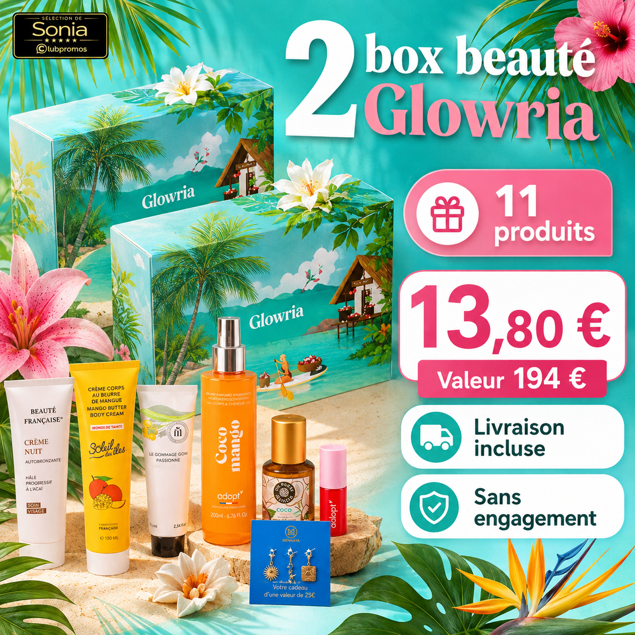 Deux box beauté Glowria avec 11 produits proposées à 13,80 € livraison incluse pour une valeur annoncée de 194 €