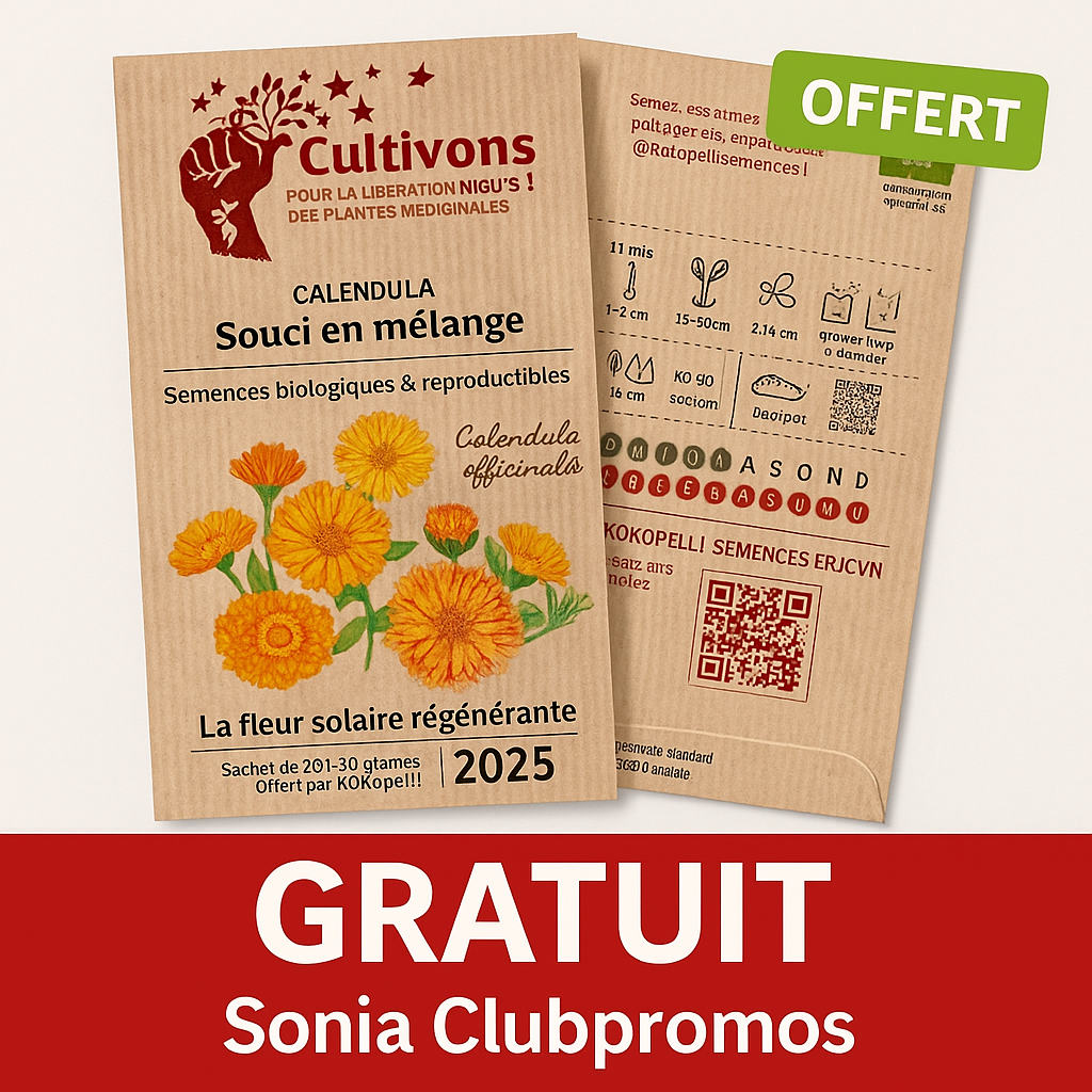 achet de graines gratuites de Calendula officinalis bio – 2025, dans le cadre de la campagne Cultivons-Nous par Kokopelli – semences reproductibles sans OGM, issues de l’agriculture biologique certifiée, livraison gratuite dès 60 €, excellent bon plan jardinage naturel