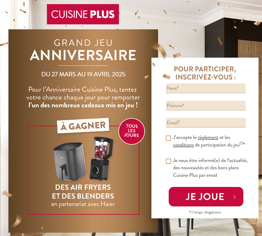 Grand Jeu Anniversaire Cuisine Plus - Tentez votre chance chaque jour pour remporter des cadeaux exceptionnels (mini-bouilloires SMEG, machines à café, airfryers Haier, bon d'achat 2500 €).