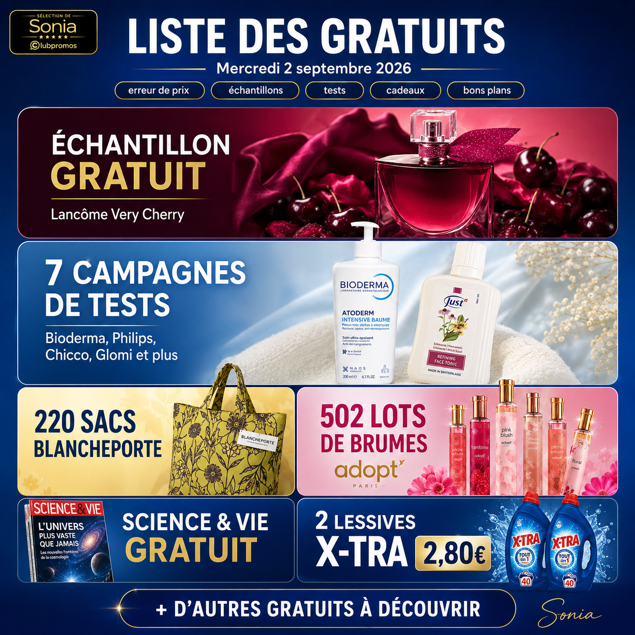 Liste des gratuits du 2 septembre 2026 avec échantillon Lancôme, tests produits gratuits, Science & Vie, sacs Blancheporte et cadeaux Adopt