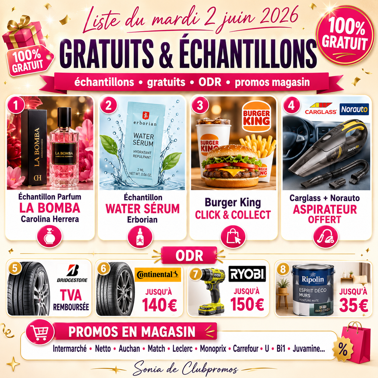 Visuel ClubPromos du mardi 2 juin 2026 mettant en avant les échantillons gratuits Carolina Herrera La Bomba et Water Sérum Erborian, l'offre Burger King Click & Collect, l'aspirateur offert Carglass et Norauto, ainsi que plusieurs offres de remboursement Bridgestone, Continental, Ryobi et Ripolin.