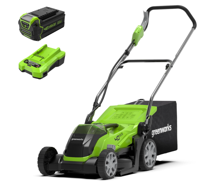 Tondeuse à gazon sans fil Greenworks G40LM35, largeur de coupe 35 cm, batterie lithium 40V 5Ah, chargeur rapide inclus, sac de 40L, idéale pour pelouses jusqu’à 400 m². Fonction mulching, 5 hauteurs de coupe, rangement compact.