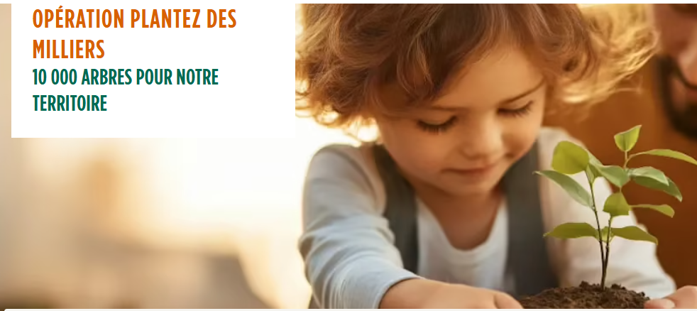 jeune plant d’arbre en main, badge “0€” et texte “Réserve jusqu’au 28 septembre – retrait 12–18 novembre en agence Groupama Centre-Atlantique – essences locales (amélanchier, cornouiller, noisetier) – objectif 10 000 arbres