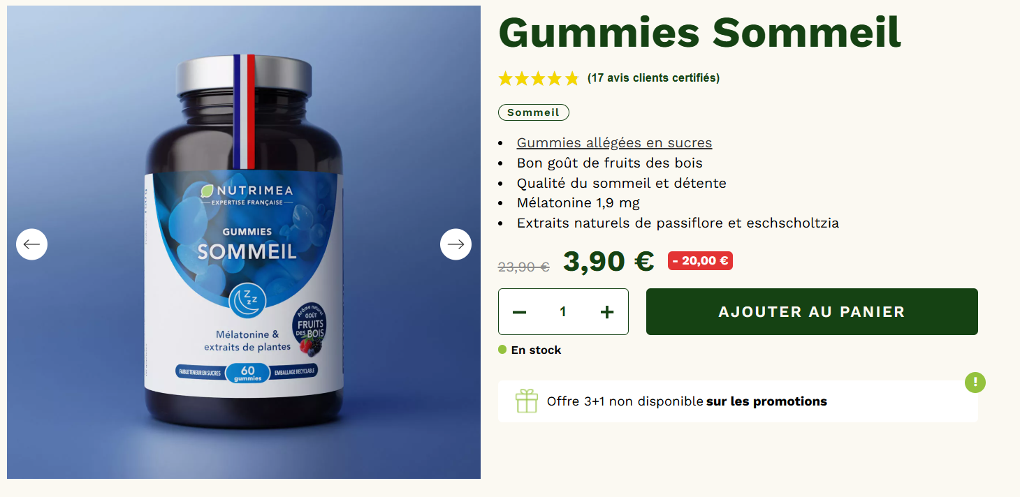 Boîte de gummies sommeil Nutrimea ouverte montrant les comprimés en forme de fruits, avec étiquette 3,90€ au lieu de 23,90€