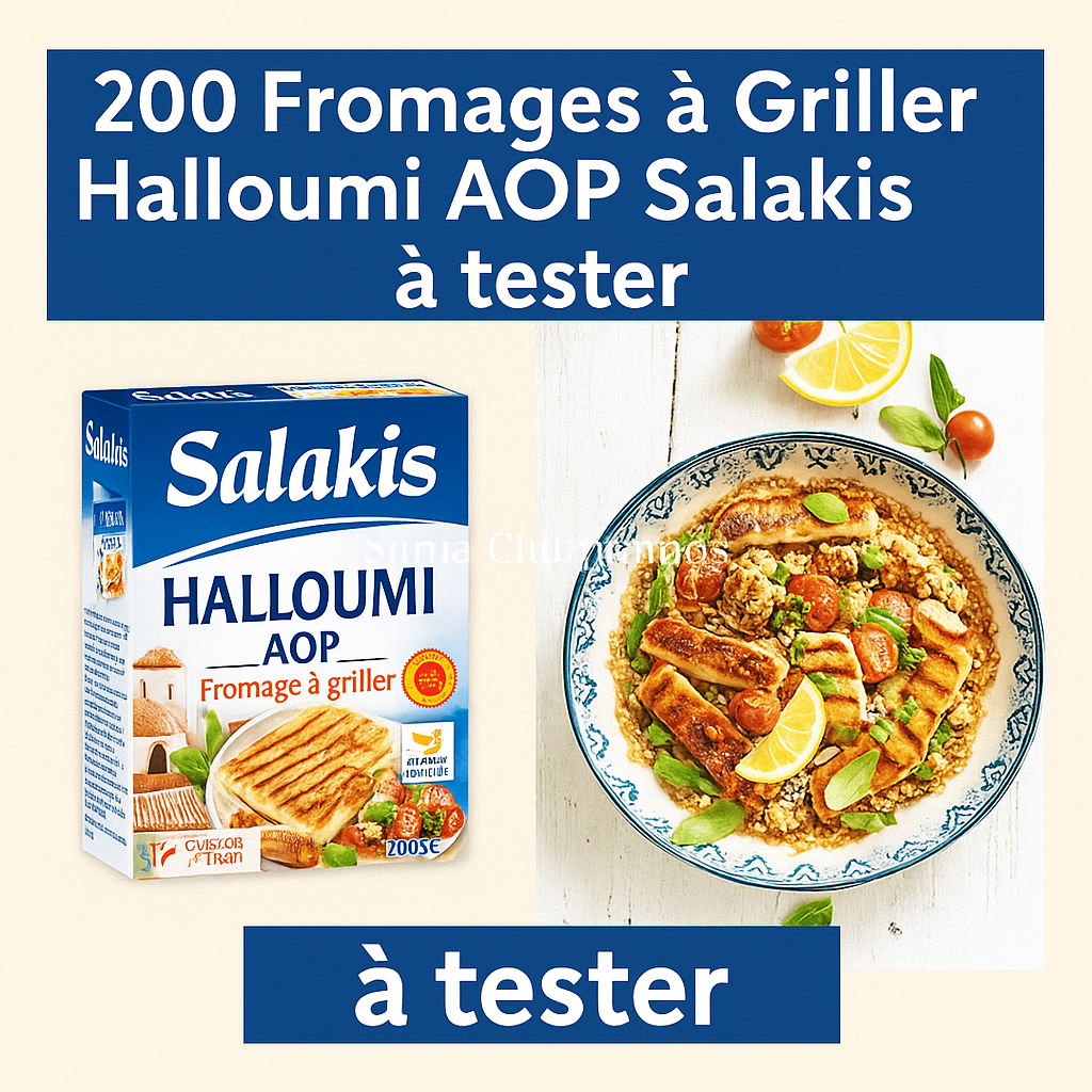 Visuel promotionnel montrant le fromage à griller Halloumi AOP Salakis à tester gratuitement via Sampleo, avec un packaging en gros plan et une assiette méditerranéenne appétissante contenant du halloumi grillé. Offre limitée à 200 testeurs en France.