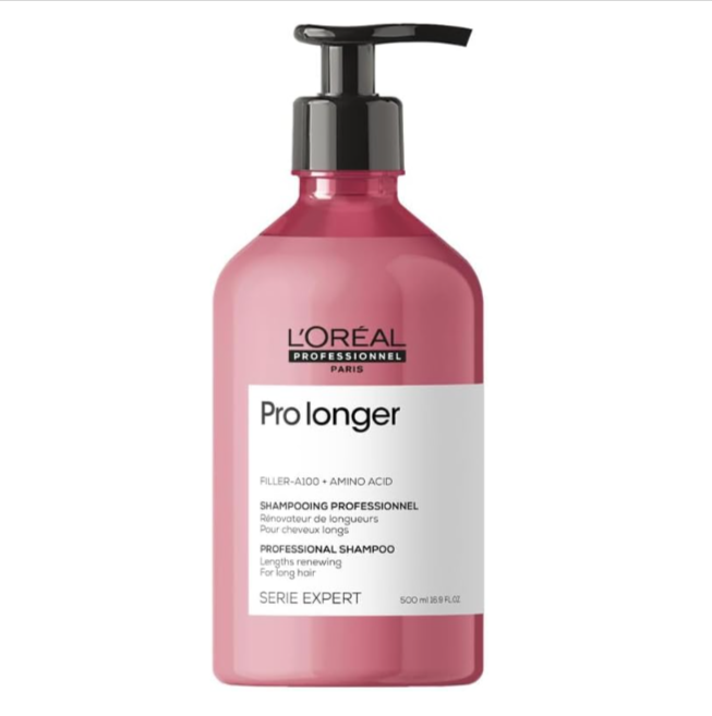 Shampoing L'Oréal Professionnel Pro Longer 500ml pour cheveux longs – soin réparateur enrichi en Filler A-100, idéal pour fortifier les longueurs et réduire les pointes fourchues.