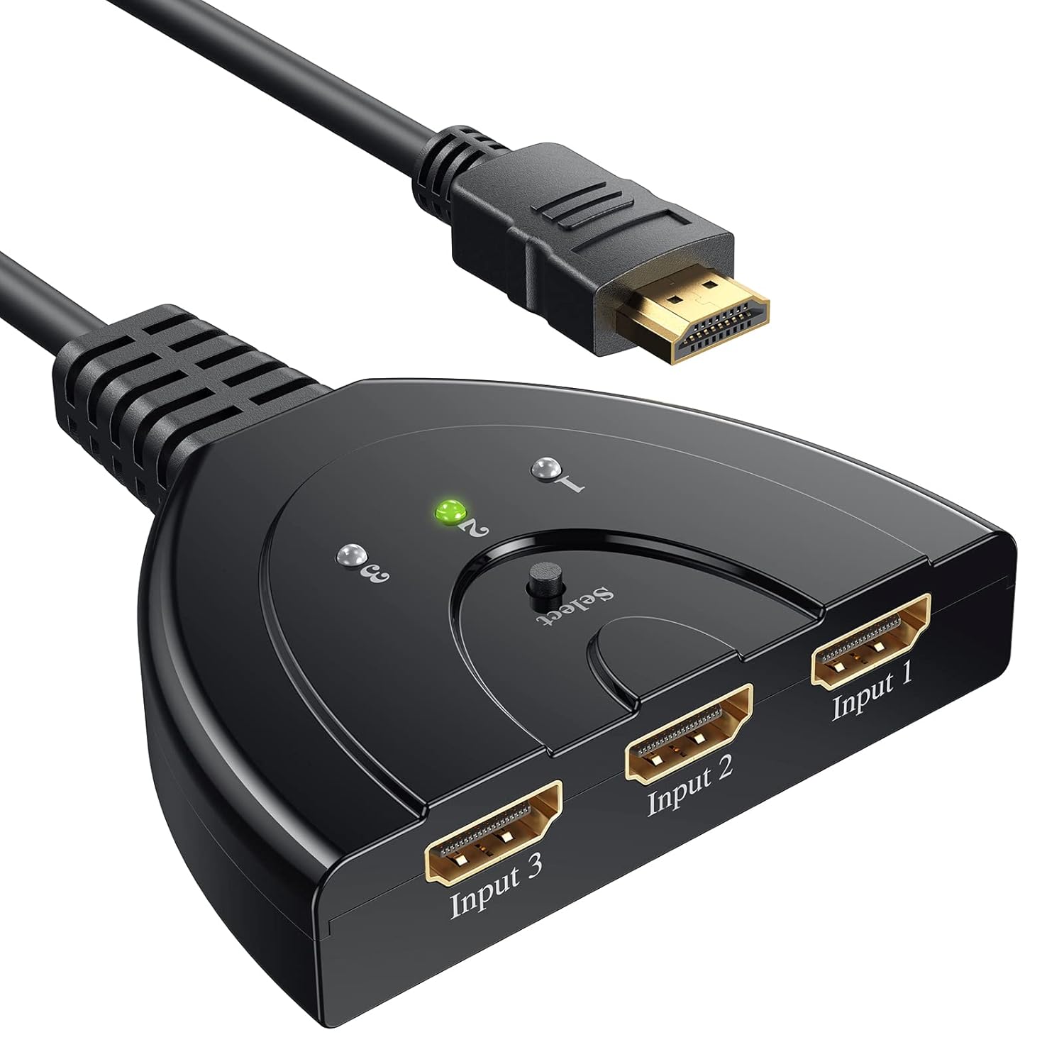 HDMI Switch GANA 3 Ports, commutateur HDMI manuel compact et fiable, 1080p @ 60Hz, compatible consoles, PC et TV, avec câble intégré 50 cm.