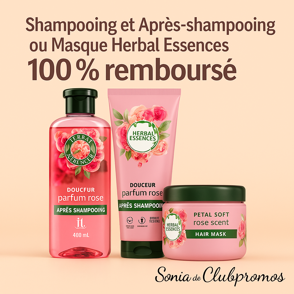 Offre exceptionnelle Herbal Essences, shampooing, après-shampoing ou masque capillaire 100% remboursé, valable jusqu’au 30 juin 2025 en France et DROM