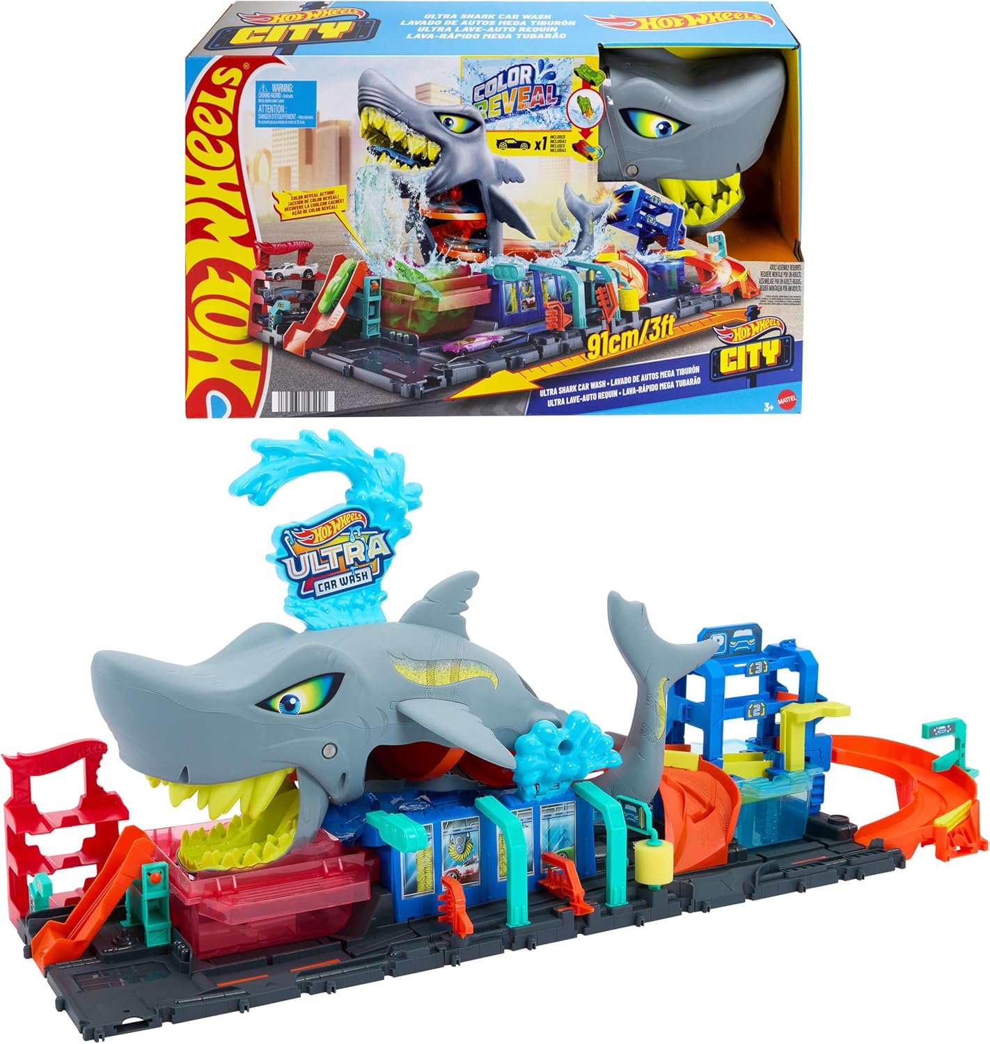  Coffret Hot Wheels City Station de Lavage Requin avec voiture Color Reveal, effet changement de couleur, rampe et accessoires réalistes, jouet interactif enfants 3 ans+
