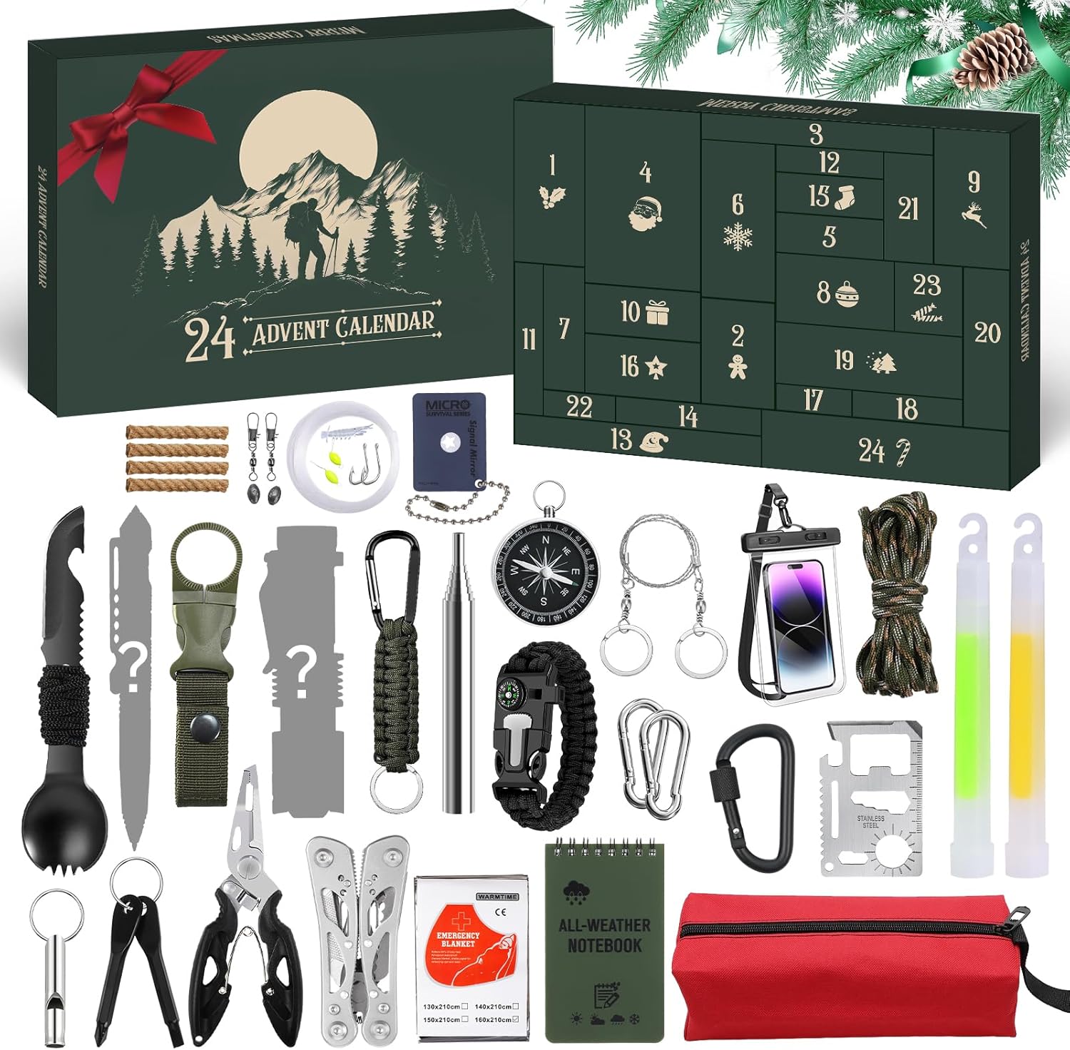 Calendrier de l’Avent Hretvoi pour homme – 24 outils de survie/EDC (boussole, lampe, pince, paracorde, allume-feu, scie fil, kit pêche), idée cadeau rando/camping