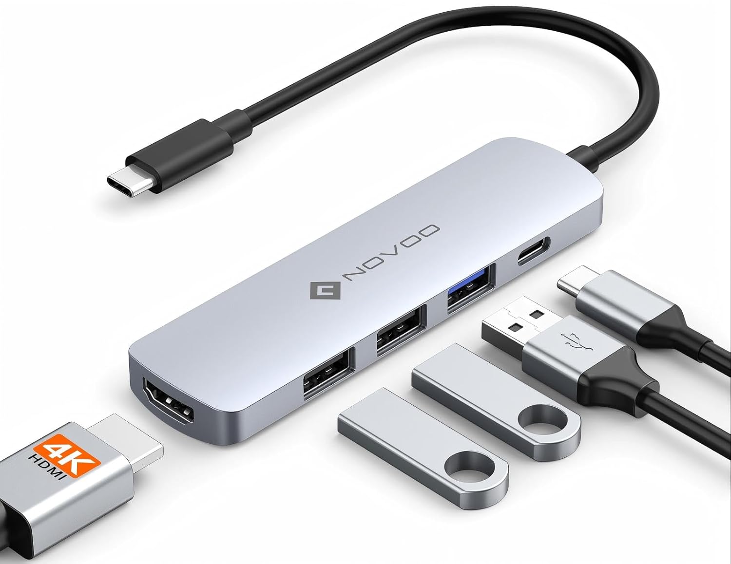 Hub USB Type-C Novoo 5-en-1 avec HDMI 4K, USB 3.0 et charge rapide 100W – Compatible MacBook, iPad, PC, télétravail