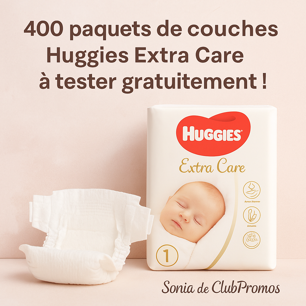  Huggies Extra Care – couches testées dermatologiquement pour la peau délicate des bébés – 400 paquets gratuits à tester via Sampleo – offre exclusive pour parents et futurs parents.