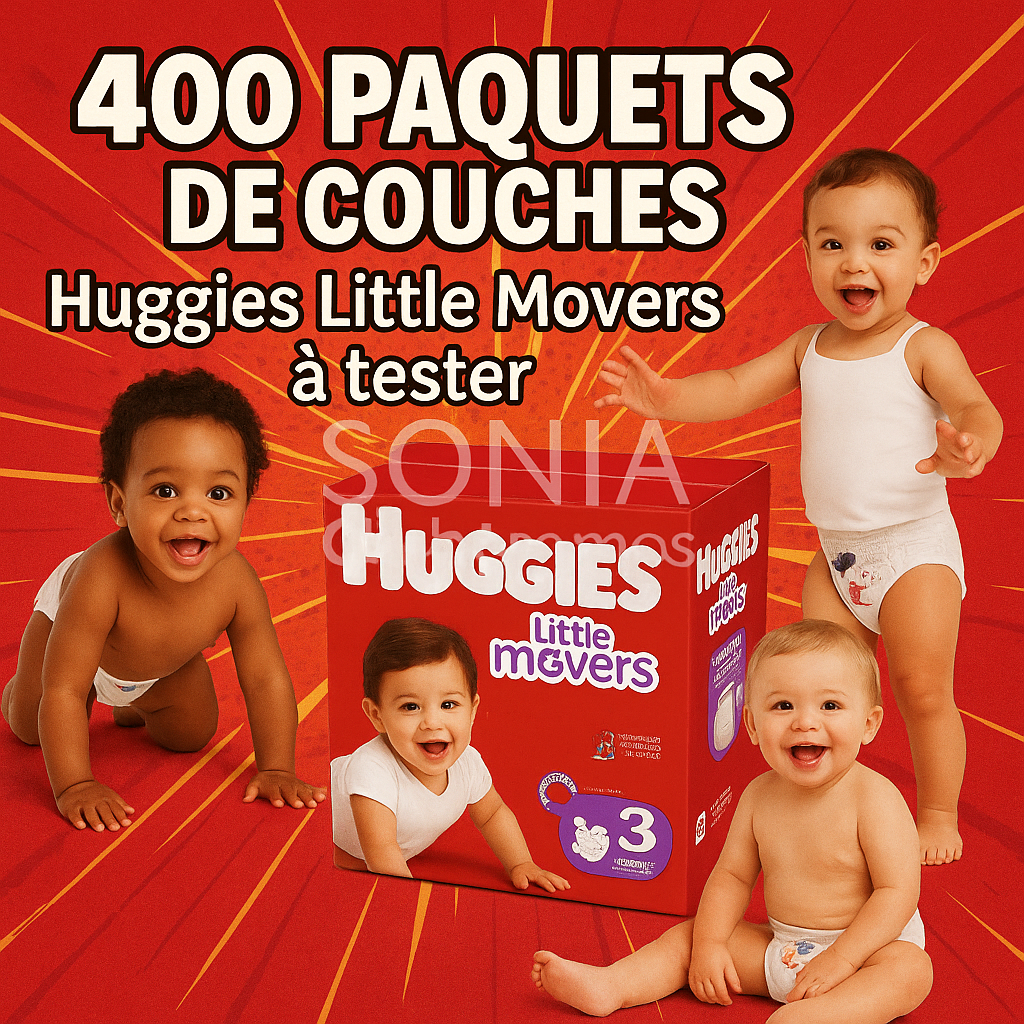 Paquet de couches Huggies Little Movers avec design Disney, testé dermatologiquement, jusqu’à 12 heures de protection anti-fuites, campagne gratuite Sampleo pour 400 testeurs.