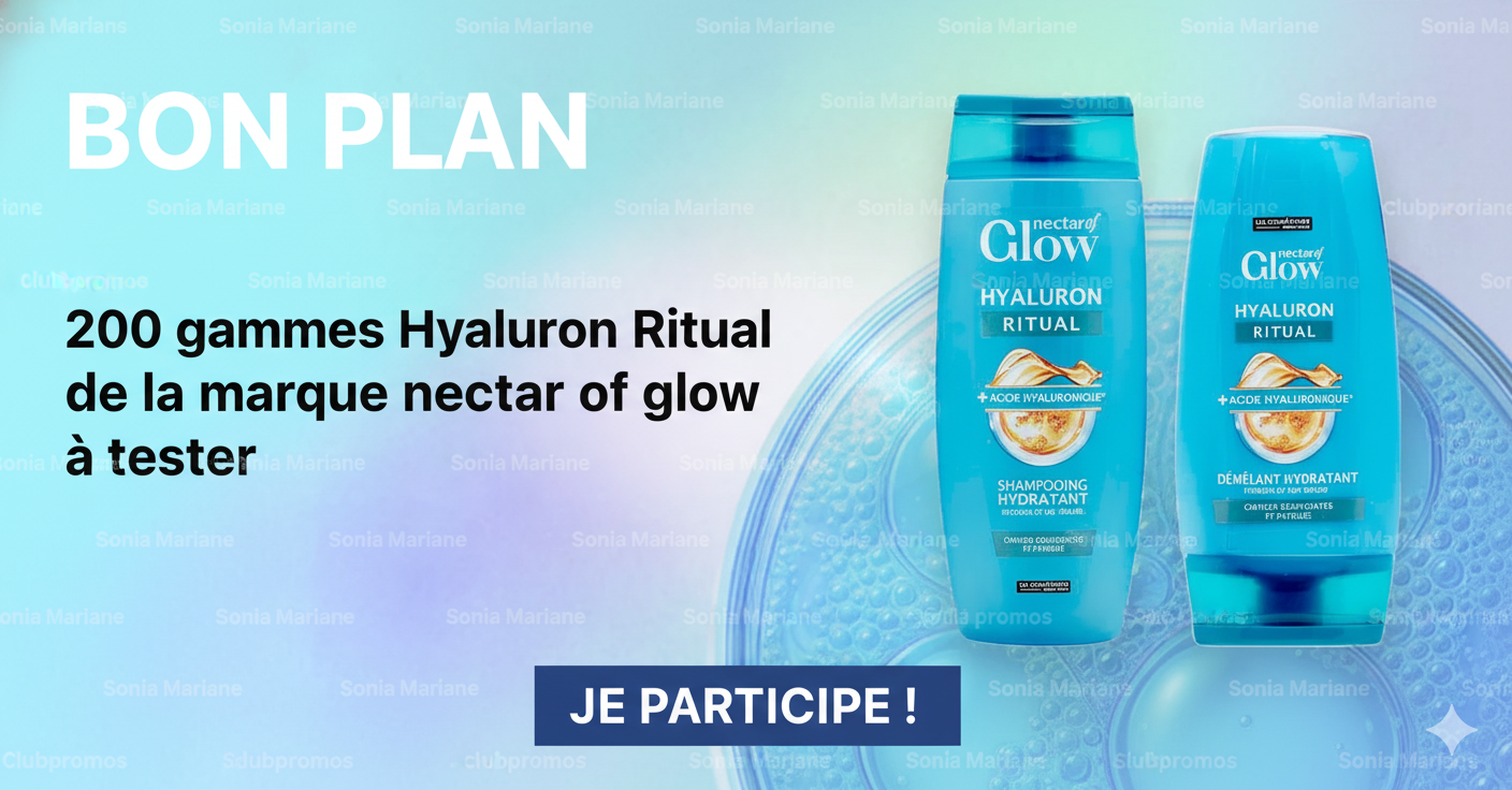 Présentation de la gamme Hyaluron Ritual de Nectar of Glow avec shampooing et démêlant hydratants à l’acide hyaluronique pour cheveux déshydratés, proposée en campagne de test Beauté-Test pour 200 participants