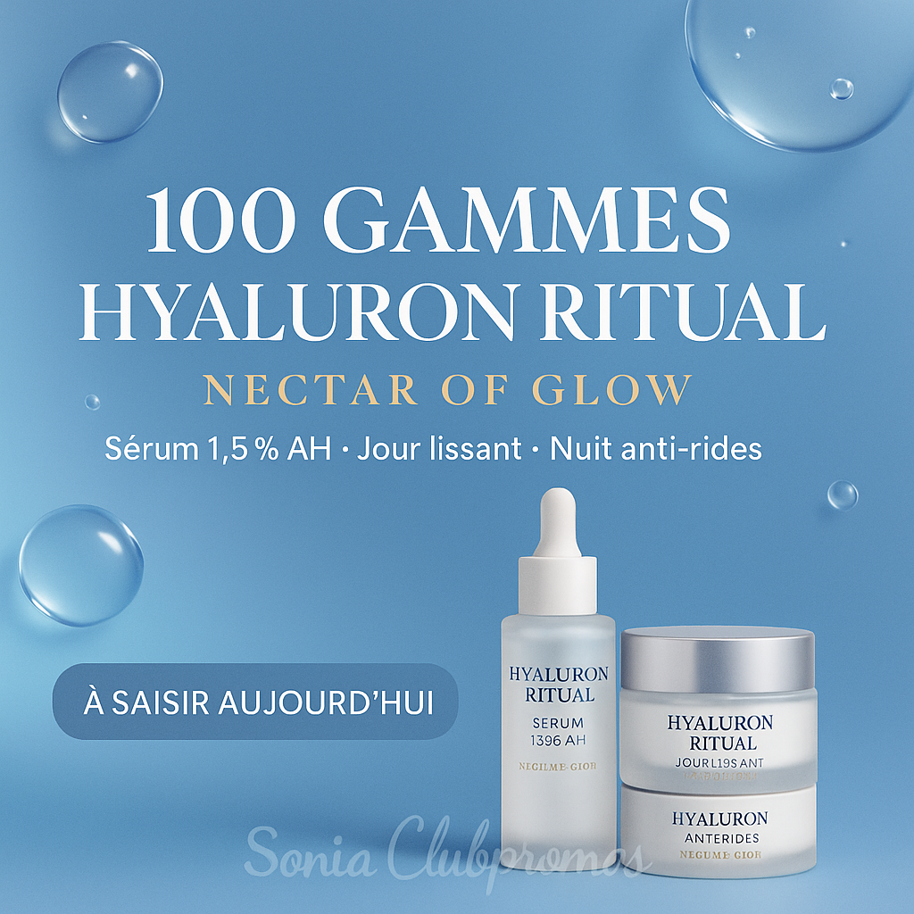  Gamme HYALURON RITUAL Nectar of Glow – sérum 1,5 % acide hyaluronique, soin jour lissant, soin nuit anti-rides – test gratuit Beauté-Test (100 gammes)