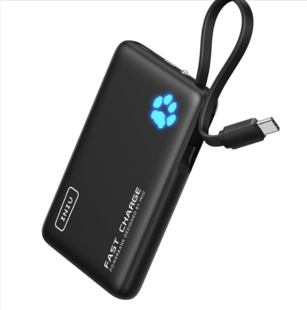 Batterie externe INIU 10000mAh avec charge rapide 45W, câble USB-C intégré, format ultra compact, indicateur LED iNiu Paw, garantie 3 ans, idéale pour iPhone, Android et appareils USB-C.