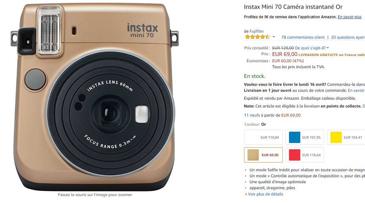 Instax Mini 70 Caméra instantané Or  Amazon fr  Photo   Caméscopes.png