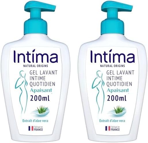 Lot de 2 gels intimes Intima apaisants à l’aloe vera, 2x200 ml, hygiène intime quotidienne, base lavante douce, pH adapté, sans savon et sans alcool, bon plan Amazon à 4,28€.