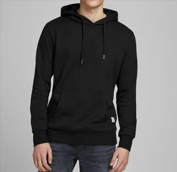Sweat à capuche Jack & Jones Jjebasic Noir, 85% coton, avec capuche ajustable et poche kangourou, idéal look décontracté