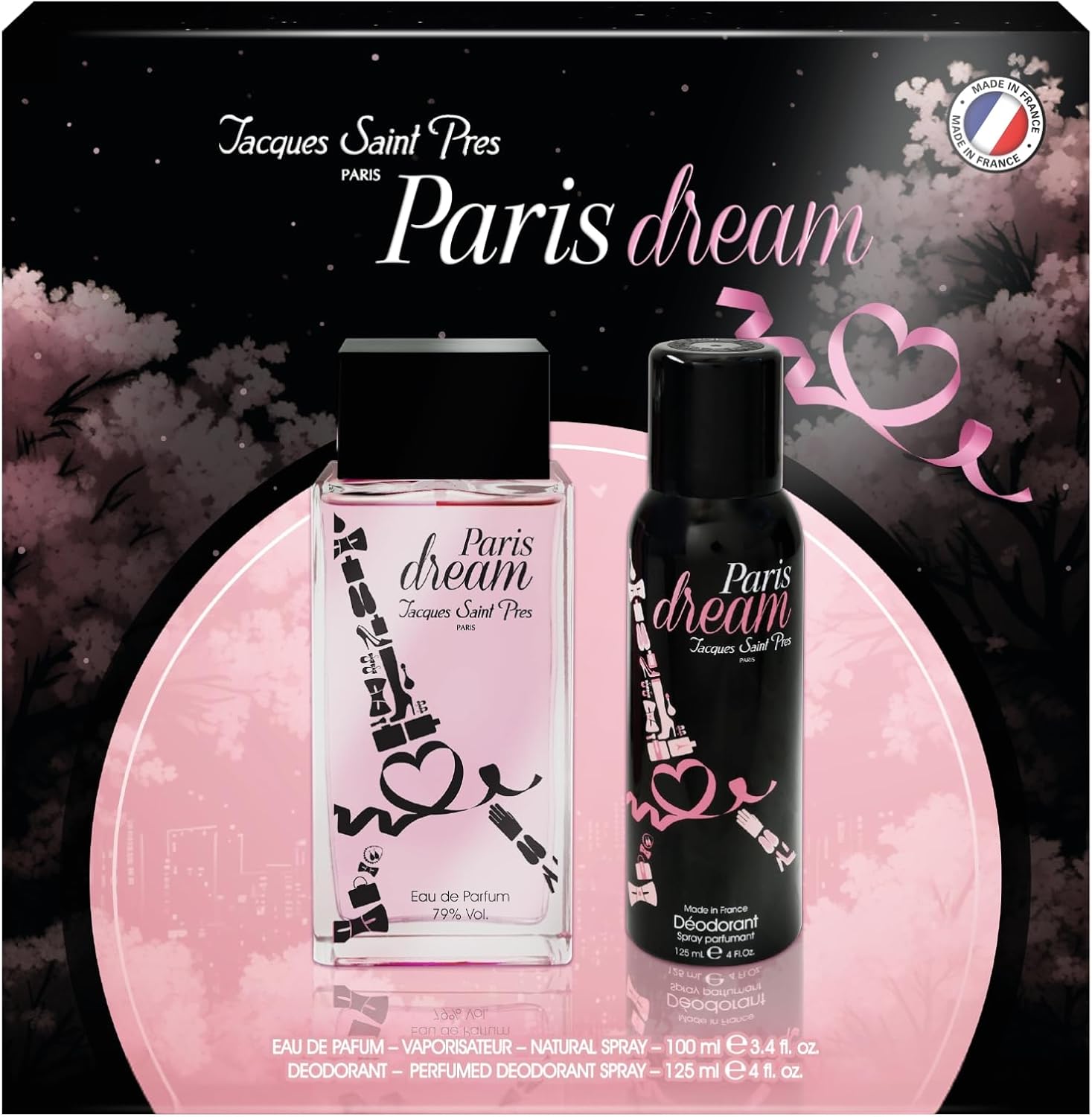 Coffret Jacques Saint Pres Paris Dream – Eau de Parfum 100 ml + Déodorant 125 ml, floral fruité (pêche, rose, mandarine), fabriqué en France, petit prix