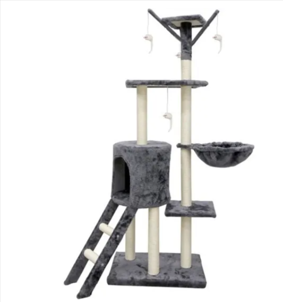 Arbre à chat JIPSY gris 79×34×138 cm (ALC11) – 3 plateformes, perchoir, niche, hamac 30×30, poteaux griffoir en sisal Ø7 cm, peluche 220 gsm, 4 souris jouets.
